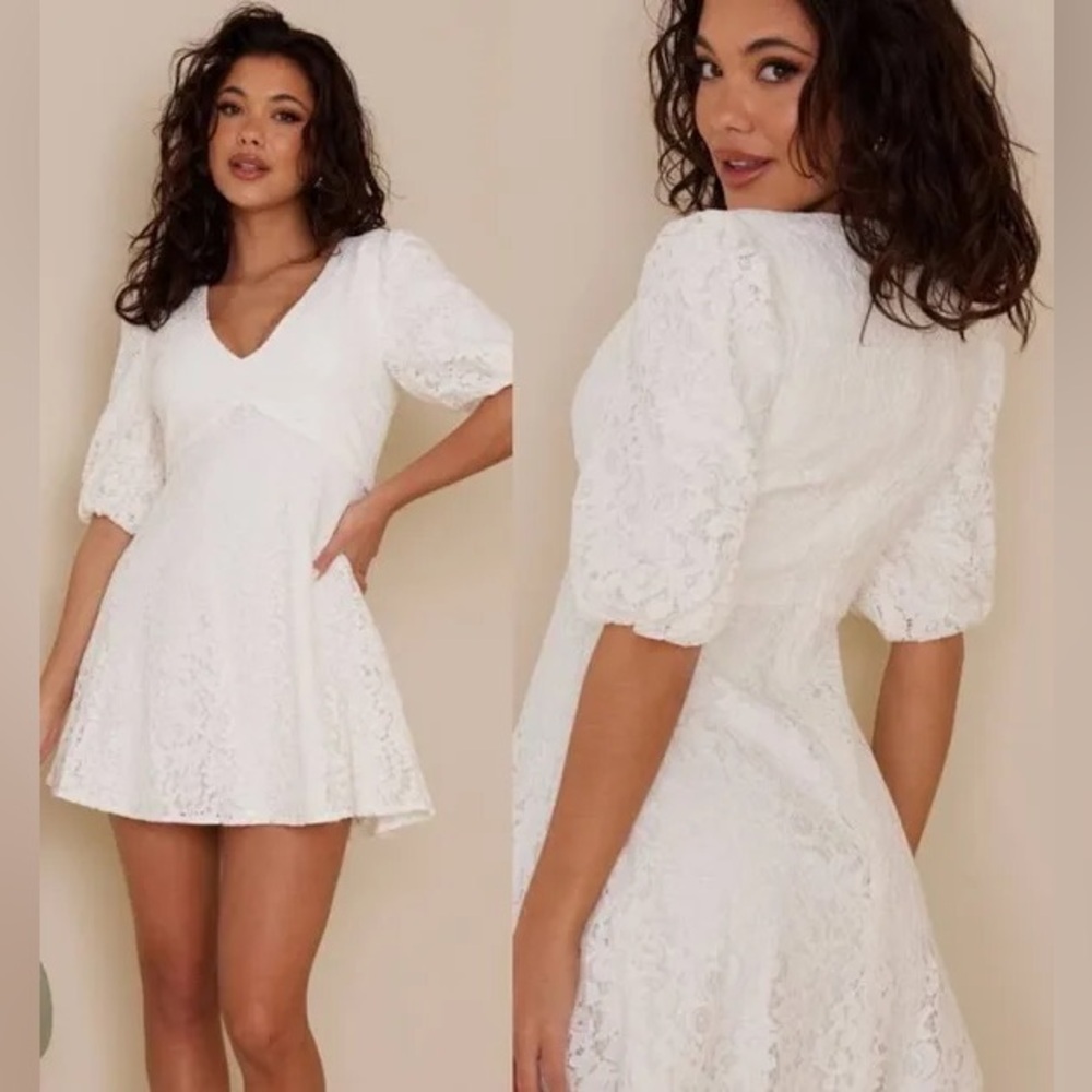 Bardot Devon white lace mini dress puff sleeves  8 / L NEW